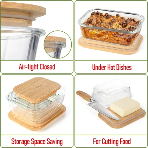 Miniatura 3 de Juego de 4 recipientes de vidrio apilables que ahorran espacio con tapas herméticas de bambú, para almuerzo, comidas y preparación de alimentos