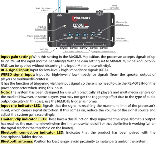 Miniatura 11 de Taramps Pro 2.4 BT Bluetooth DSP Crossover Full, procesador de señal digital, ecualizador de audio para automóvil con aplicación, ganancia de hasta