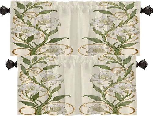 Miniatura 76 de Shrahala Art Nouveau Floral Pattern Blackout Curtain Tiers, Delicate Vine and Flower Design Kitchen Valance Light Blocking Tier Drapes with Rod