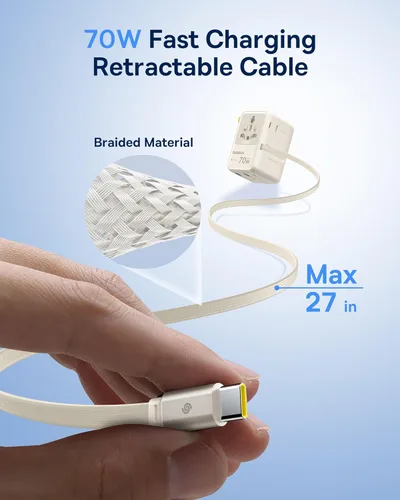 Miniatura 3 de Baseus Adaptador de viaje universal de 70 W con cable retráctil, adaptador de enchufe internacional 6 en 1, cargador de pared USB-C PD de carga