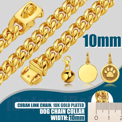 Miniatura 3 de Collares de cadena para perro, collar de eslabones cubanos con hebilla con campana y placa para perro, acero inoxidable, 0.394 pulgadas, collar