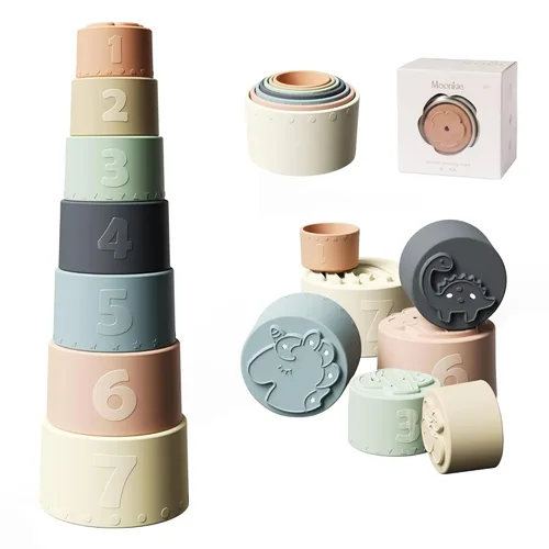 Moonkie Juguete de tazas apilables, juguetes educativos divertidos para bebés, juguete de dentición suave de silicona, a partir de 6 meses, juego de