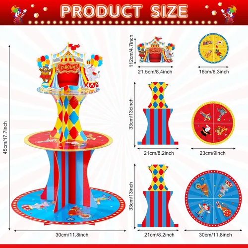 Miniatura 2 de Zopeal Soporte de 3 niveles para cupcakes con temática de circo para decoraciones de fiesta de cumpleaños, carnaval, mesa de postre, soporte