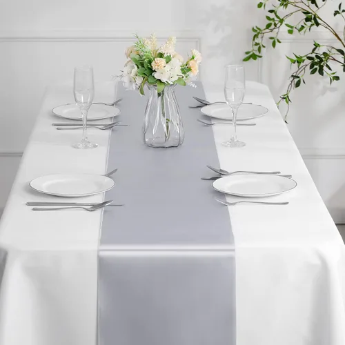Miniatura 7 de Manyshofu 24 Piezas Caminos de Mesa de Satén Plateado – Tamaño Largo de 12 x 108 Pulgadas, Decoración de Camino de Mesa para Fiestas Brillante