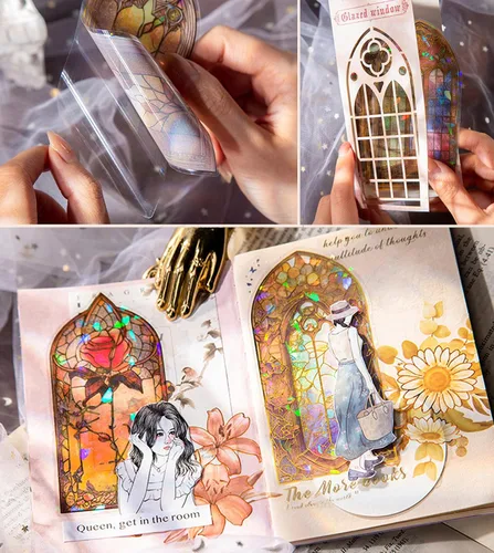 Miniatura 3 de Adhesivos de marco de ventana con flores esmaltadas, 60 piezas de pegatinas holográficas brillantes transparentes de PET para álbum de recortes DIY