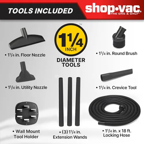 Miniatura 8 de Shop-Vac 9522205 Aspiradora para polvo y agua de 5 galones, 5.5 HP Máximo, diámetro de 1.25 pulgadas x manguera de 18 pies, cable de 6 pies, montaje