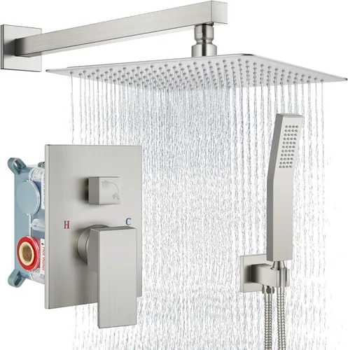 Miniatura 10 de Aolemi Sistema de ducha tipo lluvia de 12 pulgadas, cabezal de ducha cepillado Nikcel Combo Set con ducha de mano válvula de montaje en pared grifo