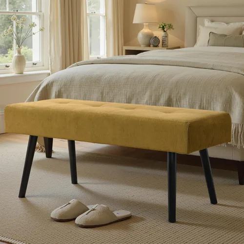 Miniatura 8 de Comfy to go Banco de Entrada - Banco Beige para Dormitorio, Otomana Moderna para Pie de Cama, Bancos Acolchados de Pana para Sala de Estar