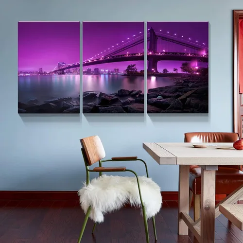 Miniatura 4 de Denozer - Lienzo decorativo para pared de 3 piezas - Paisaje con paisaje urbano, arte de puente, arte de pared para sala de estar, decoración