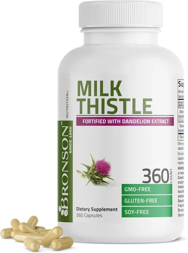 Bronson Cápsulas de cardo lechoso con Silymarin marianum y extracto de diente de león, suplemento para la salud del hígado, antioxidante,