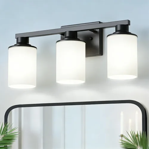 Miniatura 51 de DORESshop Lámparas de baño, 3 luces negras y doradas para baño sobre espejo con pantalla de vidrio transparente, luces de tocador para baño, Negro