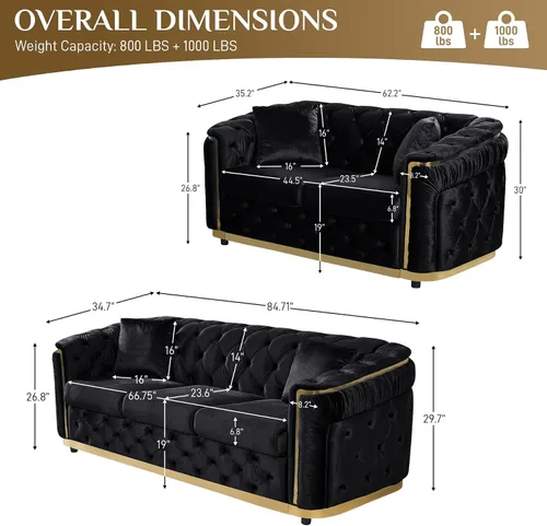 Miniatura 2 de DAMAIFROM Juego de sofá de terciopelo de lujo beige y dorado, moderno de mediados de siglo, sofás Chesterfield copetudos y patas doradas, juego de 2