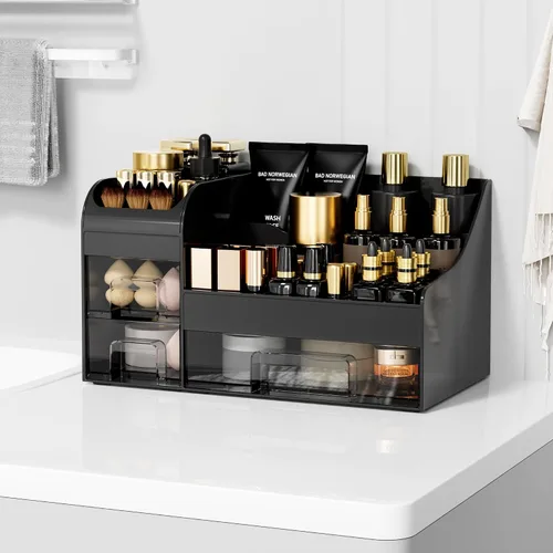 Miniatura 2 de Organizador de maquillaje grande para tocador, organizador de encimera con cajones y soporte para cepillos, organizador de colonia para hombre