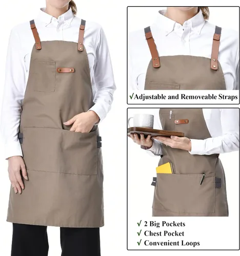 Miniatura 3 de Delantal de chef para hombre, delantal de lona para camarera, con bolsillos, resistente al agua, color caqui