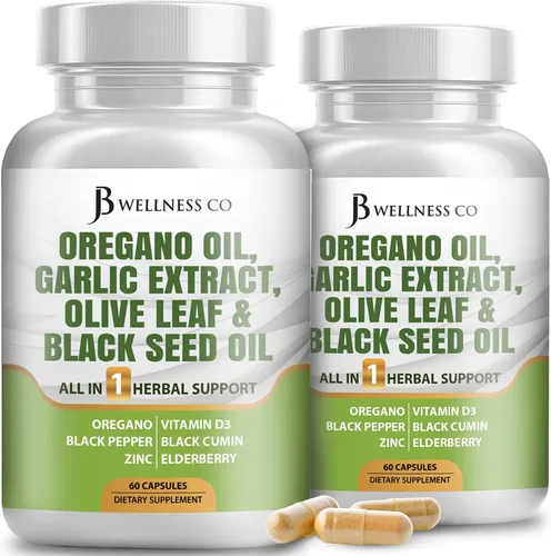 JB Wellness Aceite de orégano, extracto de ajo, hoja de olivo, con astrágalo, suplemento de apoyo inmunológico y salud digestiva para mujeres y