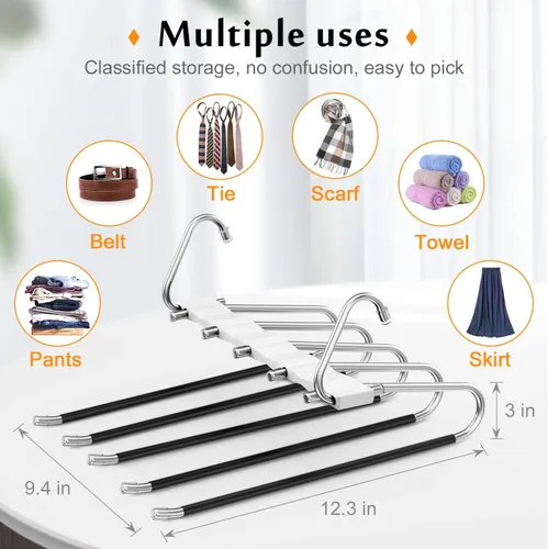 Miniatura 5 de Loretoy Paquete de 4 perchas para pantalones que ahorran espacio, estante multifuncional antideslizante para pantalones, tubo de acero inoxidable