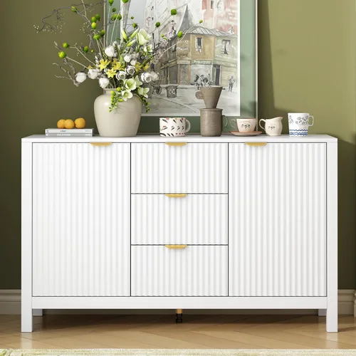 Miniatura 14 de Virubi Armario de buffet acanalado de 63 pulgadas con almacenamiento, puertas y estantes ajustables, mesa consola curva de madera con Azul marino