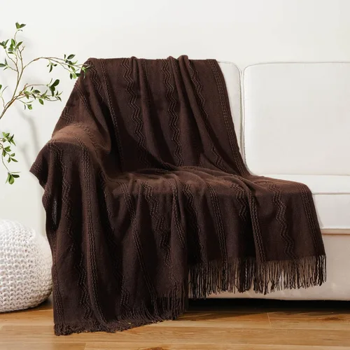 Miniatura 3 de BATTILO HOME Manta marrón para sofá, manta bohemia decorativa de punto chocolate para el hogar, cama, 50 x 60 pulgadas Marrón ondulado