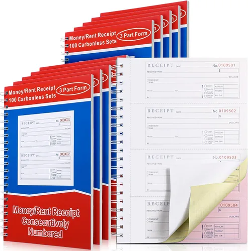 Crtiin 10 piezas de 3 partes en espiral autocopiable para dinero y alquiler con copias autocopiadas, 100 juegos por libro, 4 recibos por página
