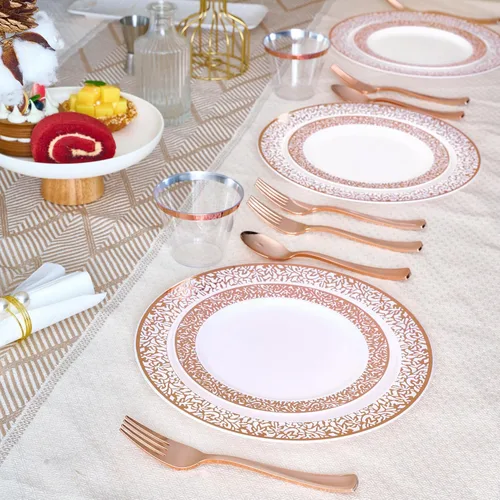 Miniatura 4 de Juego de vajilla de oro rosa de 150 unidades, elegante desechable incluye: 25 platos de plástico de encaje dorado, 25 platos de postre, 25