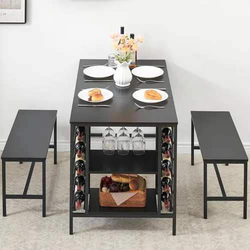 Miniatura 3 de IDEALHOUSE Juego de mesa de comedor para 4, juego de mesa de cocina para 4 con 2 bancos, juego de mesa de comedor rectangular con estante para Negro