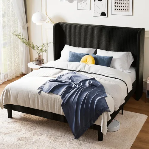 Miniatura 11 de Allewie - Base de cama tamaño Queen con cabecera tapizada de ala de respaldo, plataforma de cama de terciopelo corduroy acolchado con diseño Negro
