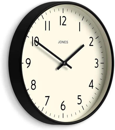 JONES CLOCKS® Reloj de pared de estudio | Estilo redondo moderno | 12 pulgadas | Negro | Números fáciles de leer | Diseño versátil para cocina, sala