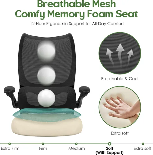 Miniatura 6 de Silla de oficina ergonómica - Silla de oficina cómoda de malla con respaldo alto con rueda de apoyo lumbar, sillas de oficina para el hogar, Negro