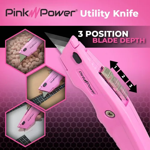 Miniatura 3 de Pink Power Cortador de cajas retráctil, cuchillo de utilidad rosa para alfombra, lindo cuchillo cortador de caja resistente con 3 cuchillas