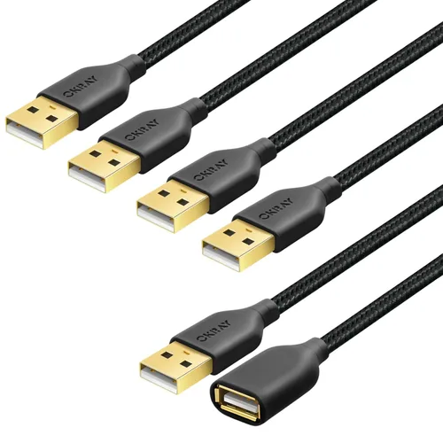 OKRAY Paquete de 5 cables de extensión USB 2.0 trenzados de nailon de 6 pies tipo A, macho a hembra, con conectores chapados en oro para impresora,