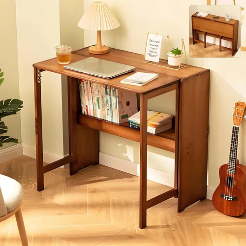 Miniatura 11 de Escritorio plegable de bambú, escritorios plegables para espacios pequeños, escritorio pequeño de mediados de siglo con estantería para computadora