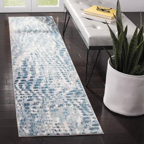SAFAVIEH Aria Collection - Alfombra de pasillo de 2 x 8 pies, color crema y verde azulado, diseño abstracto bohemio moderno, no desprende pelusa y
