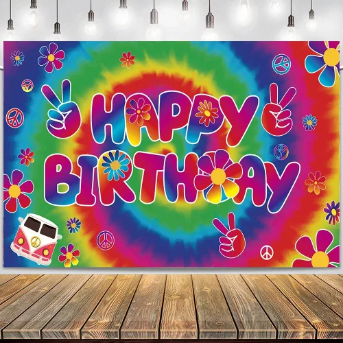 Groovy - Telones de fondo de feliz cumpleaños con 70.8 x 43.3 pulgadas, pancarta de carnaval de los años 60, fondo retro hippie bohemio para