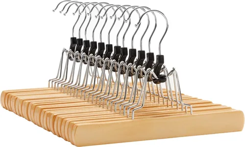 SONGMICS Paquete de 12 perchas de madera para pantalones, madera maciza de alta calidad con fieltro antideslizante, sujeta los pantalones