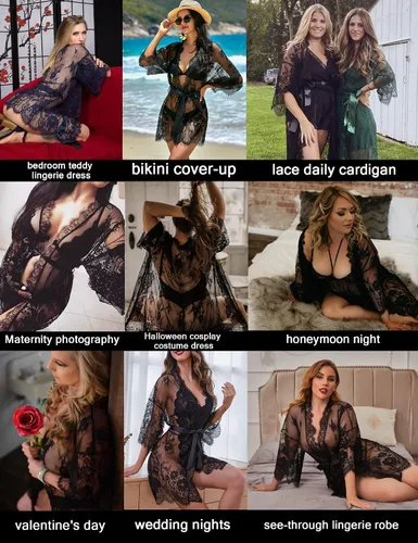 Miniatura 6 de Avidlove - Kimono de encaje para mujer bata babydoll camisón de malla para lencería de talla S-5XL
