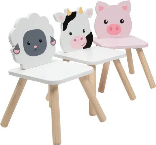 Miniatura 5 de Juego de mesa y silla de animales de madera para niños con 4 asientos, lindo para artes y manualidades de Pascua, ovejas de cerdo de vaca y taburete
