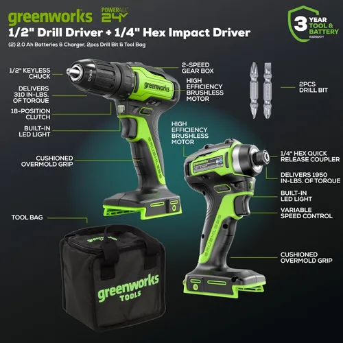 Miniatura 2 de Greenworks Kit combinado de herramientas eléctricas sin escobillas de 24 V, 5 piezas: 310 pulgadas. -lbs Taladro, destornillador de impacto Ibs