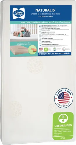 Sealy Naturalis - Colchón hipoalergénico de 2 etapas para cuna de bebé y cama infantil, colchón para cuna no tóxico, algodón natural, bobina híbrida