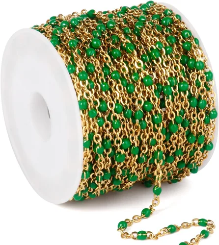 Miniatura 10 de Cadenas de esmalte dorado de 33 pies a granel, 2 mm, chapadas en oro de 18 quilates con PVD, acero inoxidable 304, cadena de eslabones con cuentas