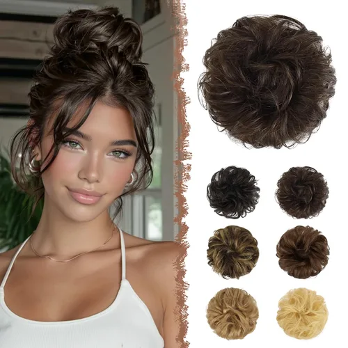 Miniatura 21 de FESHFEN Moños Desordenados Humanos - Moño de Cabello Humano 100% Real Coleteros Scrunchies Piezas de Cabello Extensiones de Cola de Cabello Ondulado