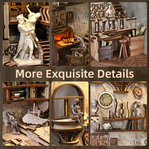 Miniatura 3 de CCCDF - Kit de manualidades para rincón de lectura de biblioteca, kit de casa de muñecas en miniatura, rompecabezas de madera 3D con luces LED