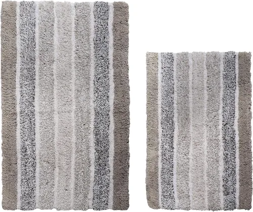 Miniatura 10 de Juego de 2 tapetes de baño de algodón con rayas alpinas, 21 x 32/17 x 24 pulgadas, color gris claro, antideslizantes, de secado rápido, suaves