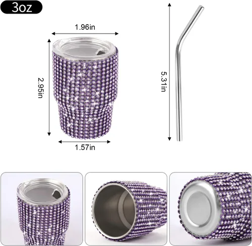 Miniatura 2 de INSTOME Vaso de chupito de acero inoxidable de 3oz con forma de diamante, vaso con pajita, color púrpura (1 unidad)