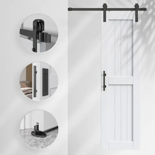 Miniatura 3 de EaseLife: puerta de granero blanca de 24 x 84 pulgadas con kit de herrajes deslizantes de 4 pies incluido y manija, puerta de madera maciza cubierta