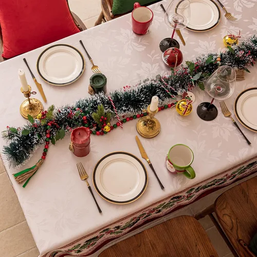Miniatura 4 de Softalker Mantel Cuadrado de Jacquard Navideño, Mantel Impermeable Vintage de Invierno con Acebo, Cubierta de Mesa de Tela Estilo Granja Navideña