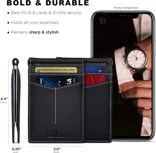 Miniatura 3 de Serman Brand RFID billetera de bloqueo Slim Bifold – cuero genuino minimalista bolsillo frontal carteras para hombres con clip para dinero, cartera