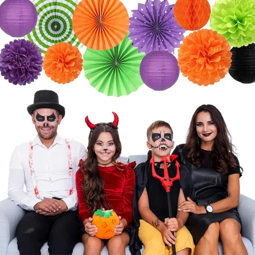 Miniatura 7 de Decoraciones de Halloween en negro, púrpura y naranja-verde - 20 piezas de linternas de papel, pompones de seda, bolas de panal, decoración