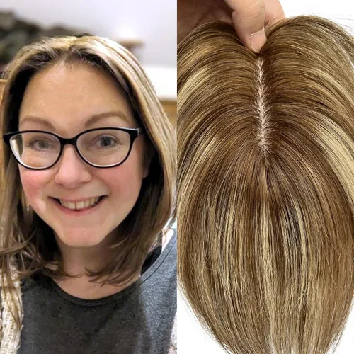 Miniatura 8 de Cubrecabello humano real de seda de 5 x 5.5 pulgadas, tamaño de la gorra, cobertura de corona de cabello lacio Remy, pieza de cabello atado a mano 2#