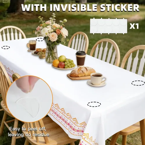 Miniatura 5 de Paquete de 2 manteles de plástico blanco, 108 x 54 pulgadas, manteles rectangulares desechables bohemios para bodas, pícnics y fiestas