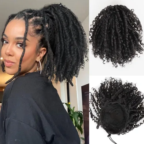 Miniatura 4 de Extensiones de cola de caballo de rastas para mujer, cola de caballo con cordón negro con extremos rizados, rastas sintéticas de diosa, extensiones